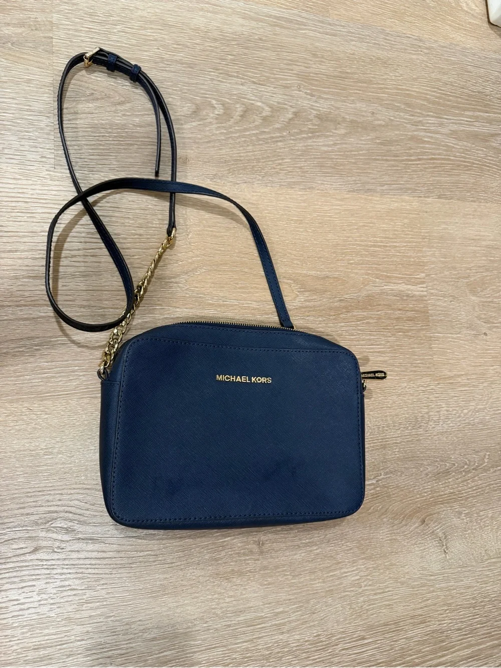 Michael Kors Navy and Gold Chain-Accent Crossbody